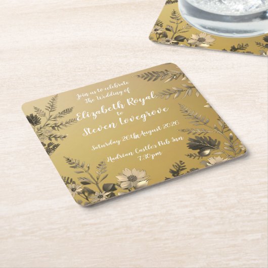 金ゴールド澄んとシンプルフローラデザイン結婚の スクエアペーパーコースター (アングル)