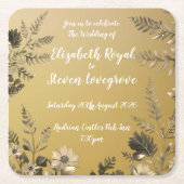 金ゴールド澄んとシンプルフローラデザイン結婚の スクエアペーパーコースター (正面)