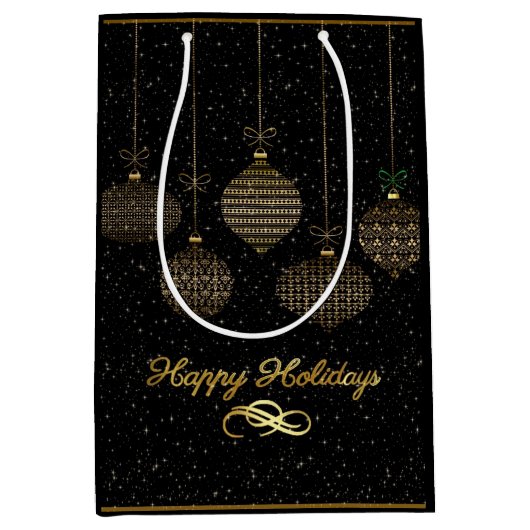 金ゴールド灯篭と埃を黒い背景の上に ミディアムペーパーバッグ (正面)