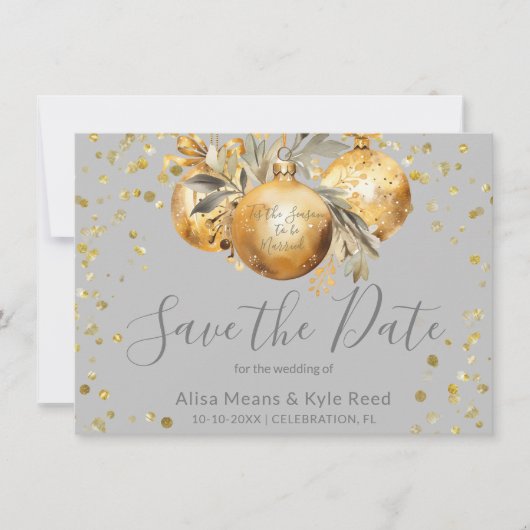 金ゴールド灰色のクリスマスウェディング日付を保存 招待状 (正面)