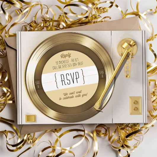 金ゴールド無地のブラック・ビニール記録第50期誕生日パーティー 招待状