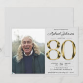金ゴールド無地の文字グレークラスフォト80誕生日 招待状 (正面/裏面)