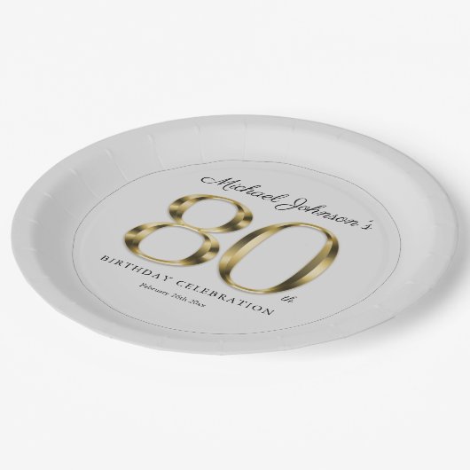 金ゴールド無地の第80回第80回文字ライトグレイエレガント ペーパープレート (アングル)