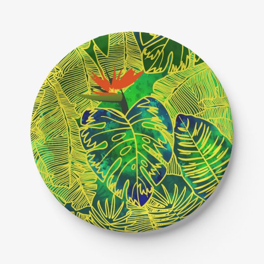 金ゴールド熱帯ジャングルグ葉リーン水色 ペーパープレート (正面)