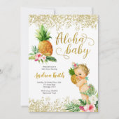 金ゴールド熱帯パイナップルガールブロンドベビーシャワーイン 招待状 (正面)