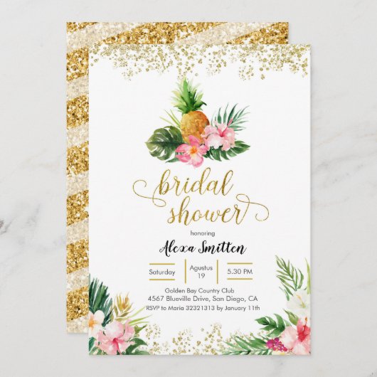 金ゴールド熱帯パイナップルブライダルシャワー招待 招待状 (正面/裏面)