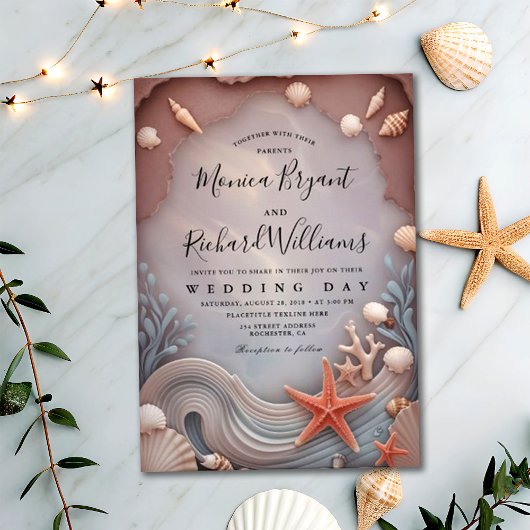 金ゴールド熱帯ビーチバラカップル結婚の日 招待状