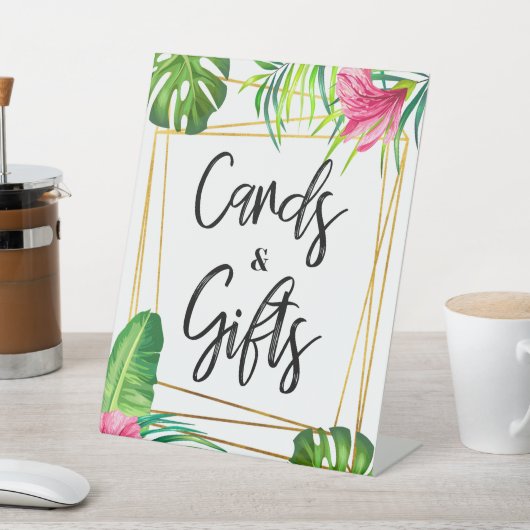 金ゴールド熱帯フローラカードと贈答用台座標識 台座サイン (インサイチュ)