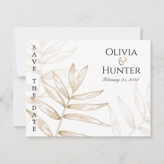 金ゴールド熱帯性のヤシの写真デイトカードを保存 案内状 (正面)