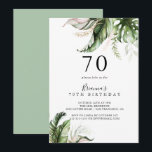 金ゴールド熱帯緑70th誕生日パーティー 招待状<br><div class="desc">この金ゴールドの熱帯の緑の70th誕生日パーティーの招待は、誕生日パーティーにモダン最適である。デザインは手色彩の鮮やか水色の金ゴールドと緑の手のひら葉とバナナのを備え、ピンクの花をブケートに束ね、幾何学的なフレームを飾る。</div>