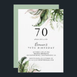 金ゴールド熱帯緑70th誕生日パーティー 招待状<br><div class="desc">この金ゴールドの熱帯の緑の70th誕生日パーティーの招待は、誕生日パーティーにモダン最適である。デザインは手色彩の鮮やか水色の金ゴールドと緑の手のひら葉とバナナのを備え、ピンクの花をブケートに束ね、幾何学的なフレームを飾る。</div>