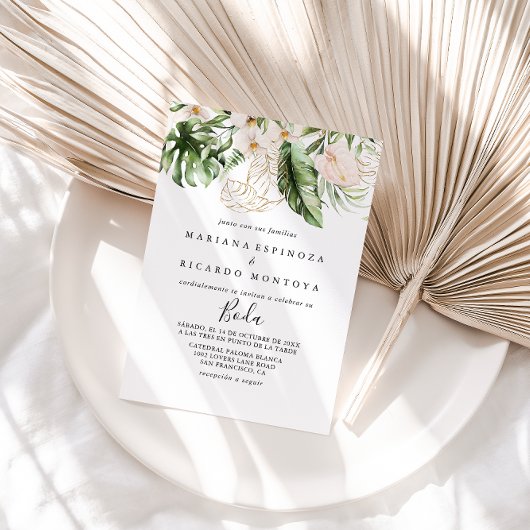 金ゴールド熱帯葉スペインの結婚フローラ 招待状
