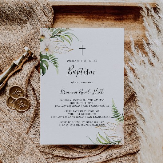 金ゴールド熱帯葉フローラバプテスマ 招待状