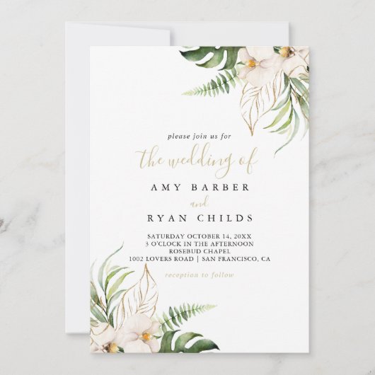 金ゴールド熱帯葉結婚のフローラ 招待状 (正面)