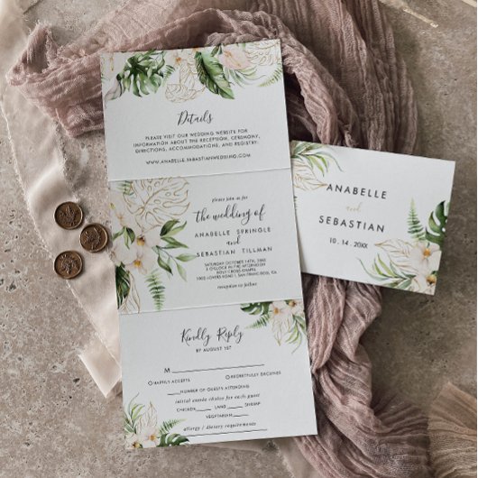 金ゴールド熱帯葉結婚フローラ 三つ折り招待状