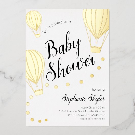 金ゴールド熱気球ベビーシャワー 箔招待状 (正面)