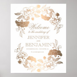 金ゴールド牡丹リースエレガントなウェディングウェルカムサイン ポスター