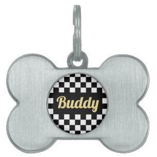 金ゴールド犬の名前モダン白黒市松模様に ペットネームタグ