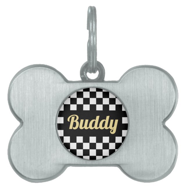 金ゴールド犬の名前モダン白黒市松模様に ペットネームタグ (正面)