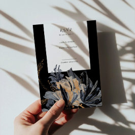 金ゴールド独占的と黒のフローラ垂直RSVPカード 出欠カード