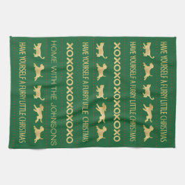 金ゴールド猫の犬の激しいクリスマス キッチンタオル