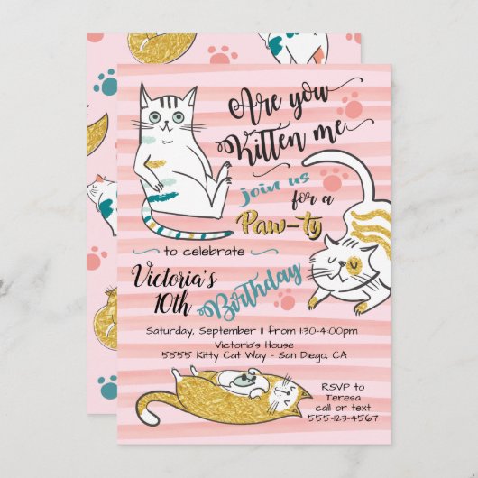 金ゴールド猫の誕生日会への招待 招待状 (正面/裏面)