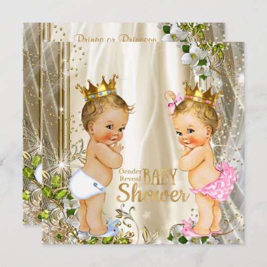 金ゴールド王子またはプリンセス性別が赤ちゃんのシャワーを明らかにする 招待状 (正面/裏面)