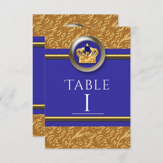 金ゴールド王室のとブルーエレガントクラウンテーブル番号カード 招待状 (正面/裏面)