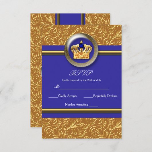 金ゴールド王室のとブルークラウンエレガントイベントRSVPカード 出欠カード (正面/裏面)