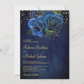 金ゴールド王室ののダークブルーのフローラすべて結婚の 招待状 (正面)