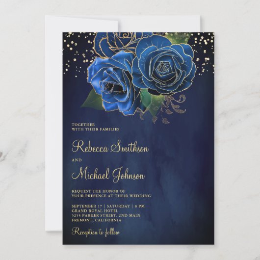 金ゴールド王室ののダークブルーのフローラすべて結婚の 招待状 (正面)