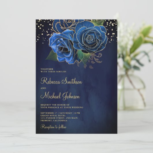 金ゴールド王室ののダークブルーのフローラすべて結婚の 招待状 (スタンド正面)