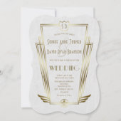 金ゴールド王室のアールデコモノグラムホワイトウェディング招待 招待状 (正面)