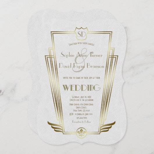 金ゴールド王室のアールデコモノグラムホワイトウェディング招待 招待状 (正面/裏面)