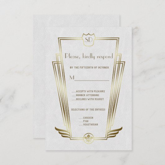 金ゴールド王室のアールデコモノグラムホワイトウェディングRSVP 出欠カード (正面/裏面)