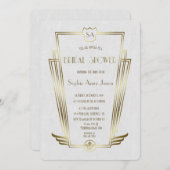 金ゴールド王室のアールデコモノグラムホワイトブライダルシャワー 招待状 (正面/裏面)