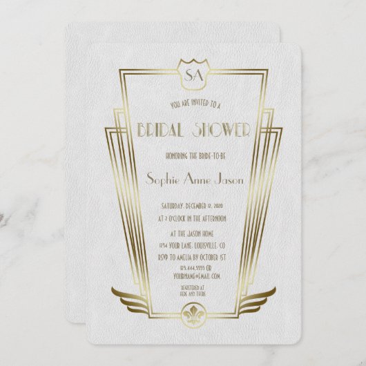 金ゴールド王室のアールデコモノグラムホワイトブライダルシャワー 招待状 (正面/裏面)