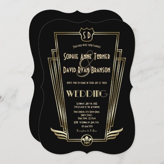 金ゴールド王室のアールデコモノグラム結婚式の招待 招待状 (正面/裏面)