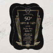 金ゴールド王室のアールデコモノグラム誕生日パーティー 招待状 (正面/裏面)