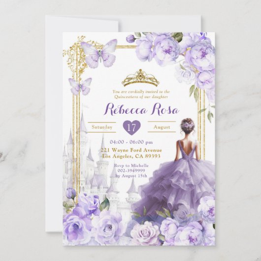 金ゴールド王室のキャッスルパープルフローラバタフライ15アニョ 招待状 (正面)