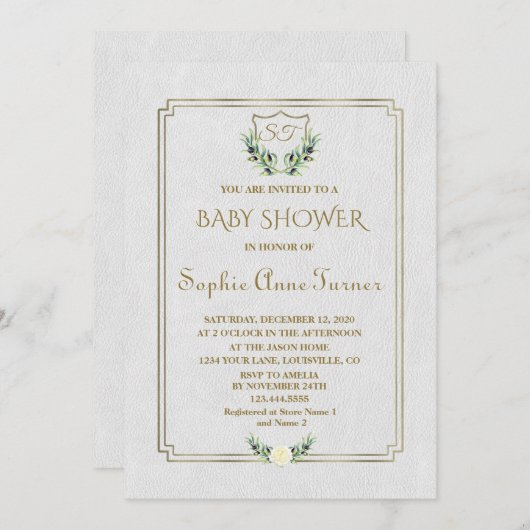 金ゴールド王室のクレスト緑豊かな赤ちゃんシャワー招待状 招待状 (正面/裏面)