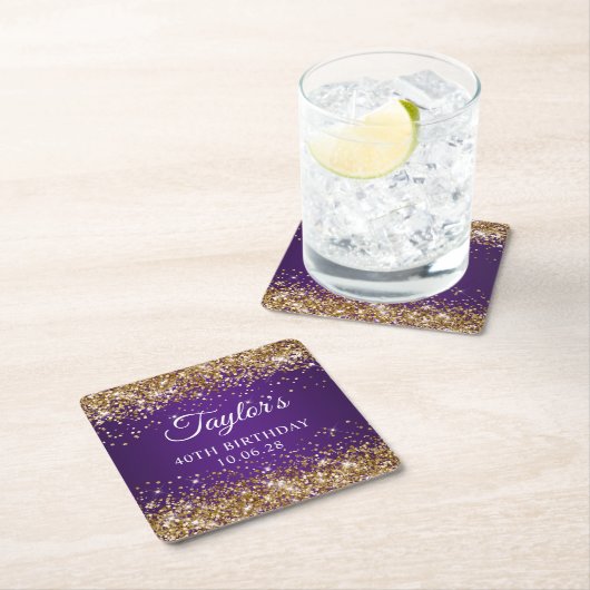 金ゴールド王室のグリッターパープル40歳の誕生日 スクエアペーパーコースター (インサイチュ)
