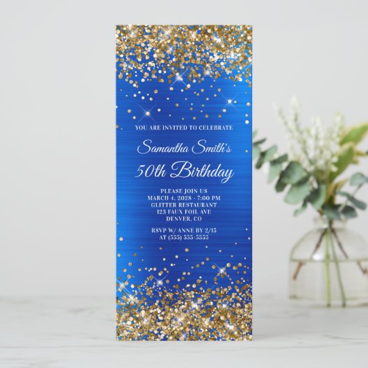 金ゴールド王室のグリッターブルーフォイル50誕生日 招待状 (スタンド正面)