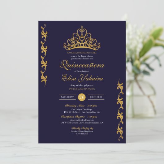 金ゴールド王室のティアラクラウンネイビーエレガントニーキンセアニラ 招待状 (スタンド正面)