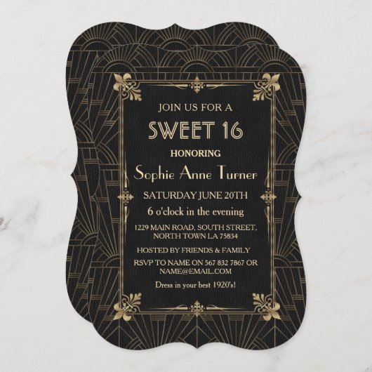 金ゴールド王室のフルーアデリスアールデコ1920s SWEET 16 招待状 (正面/裏面)