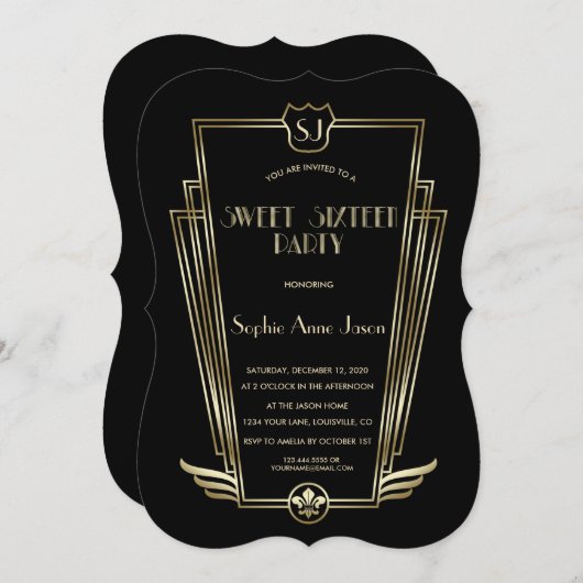 金ゴールド王室のブラックアールデコモノグラムスウィート16招待状 招待状 (正面/裏面)
