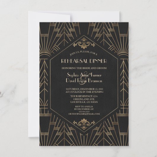金ゴールド王室のブラック素晴らしギャツビー20sリハーサル・ディナー 招待状 (正面)