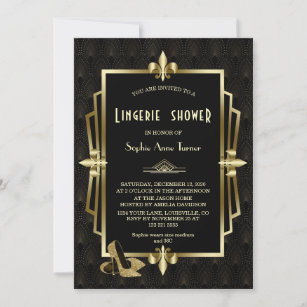 金ゴールド王室のブラック素晴らしギャツビーLingerie Shower 招待状
