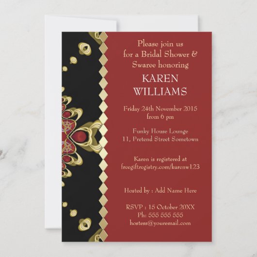 金ゴールド王室のブラック赤ブライダルシャワー招待状 招待状 (裏面)