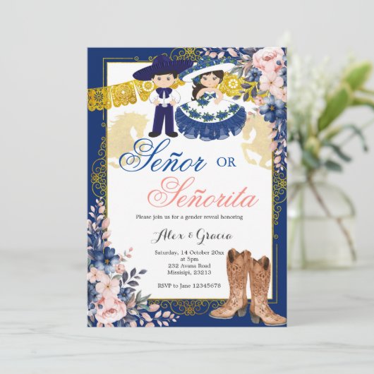 金ゴールド王室のブルーのセノールまたはセノリタの性別の表示 招待状 (スタンド正面)